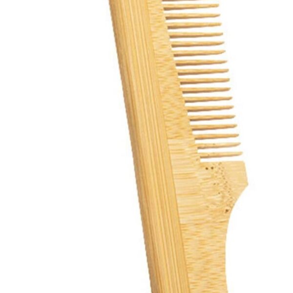 A wooden bamboo comb with fine teeth and a handle, displayed vertically on a white background. The word BAMBOO is printed in green at the bottom.