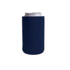 A silver beverage can inside a dark blue can cooler, isolated on a white background.