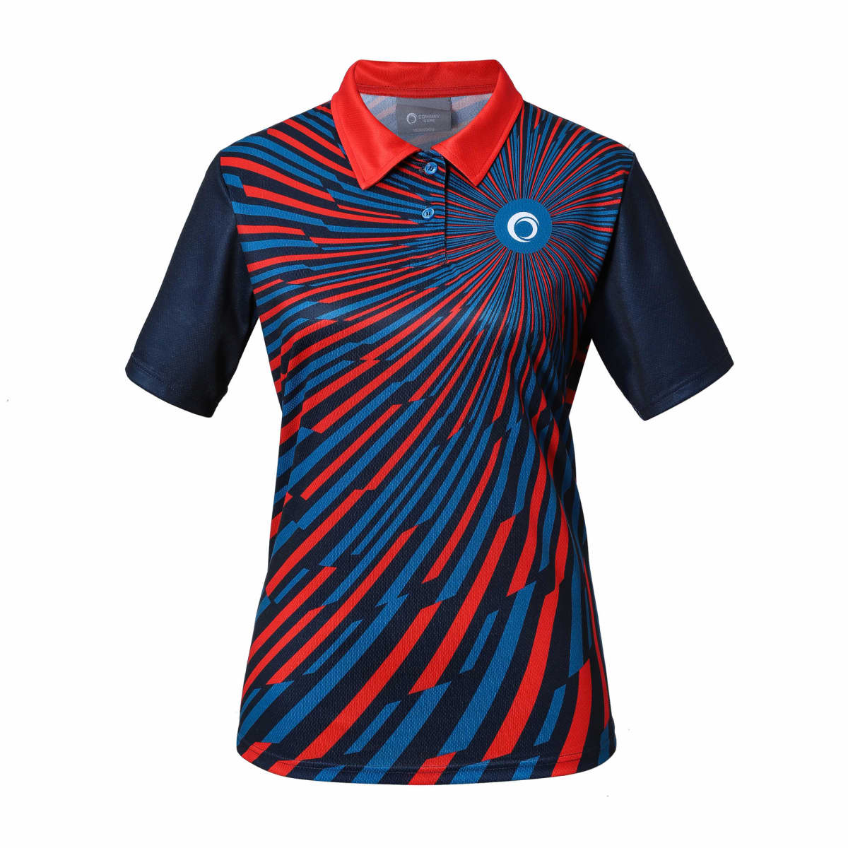A short-sleeve polo shirt with a vibrant radial pattern in red and blue on a dark background. It features a red collar and a circular logo on the chest.