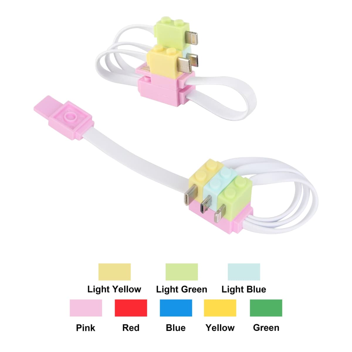 Two multicolored charging cables shaped like building blocks, each with four connectors and flat white cables. Colors include light pink, yellow, green, and blue. A color guide is shown below, indicating various pastel and bright colors.