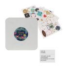 Square tin with Thank you and floral design on the lid, surrounded by an array of colorful, customizable stickers with various designs and text. Text at bottom reads, ADD ON STICKERS *STICKERS CAN BE CUSTOMIZED ACCORDINGLY TO YOUR PACKAGES.