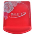 Red ergonomic wrist rest with floral design, featuring white text Mesar Olmesartaan.