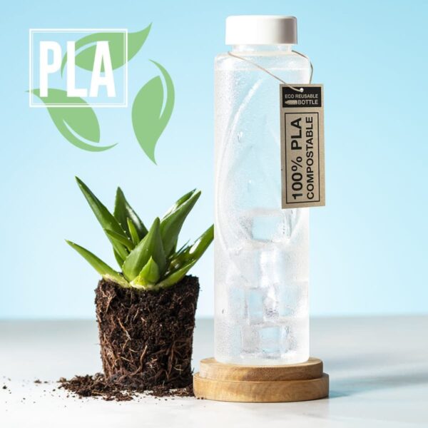 A clear bottle labeled 100% PLA Compostable stands next to a small potted aloe plant against a light blue background. The bottle has ice cubes inside, and a green leaf icon with PLA is shown in the top left corner.