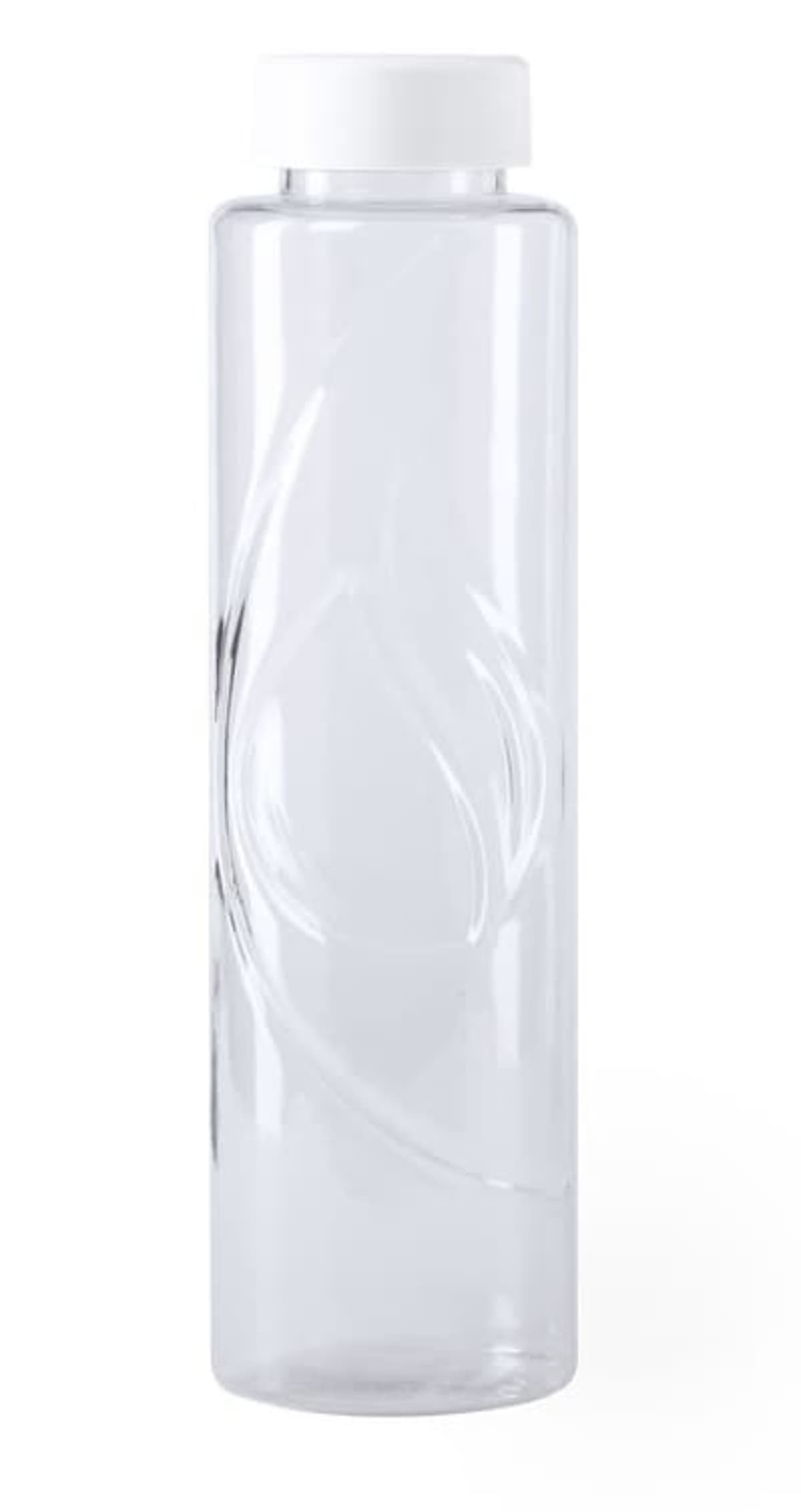 Clear plastic water bottle with a white screw-on cap. Features a subtle, swirling pattern etched into the bottles surface. Bottle is empty and standing upright against a plain white background.