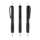 Three black ballpoint pens with silver tips and clips are aligned vertically. Each pen is pictured from a different angle, showcasing the clip and retractable mechanism. The pens have a sleek, modern design with a smooth grip section.