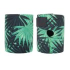 Two insulated drink holders with a green tropical palm leaf pattern on a dark background are shown. One is standing upright, and the other is partially open with a visible velcro strap and cut-out hole.