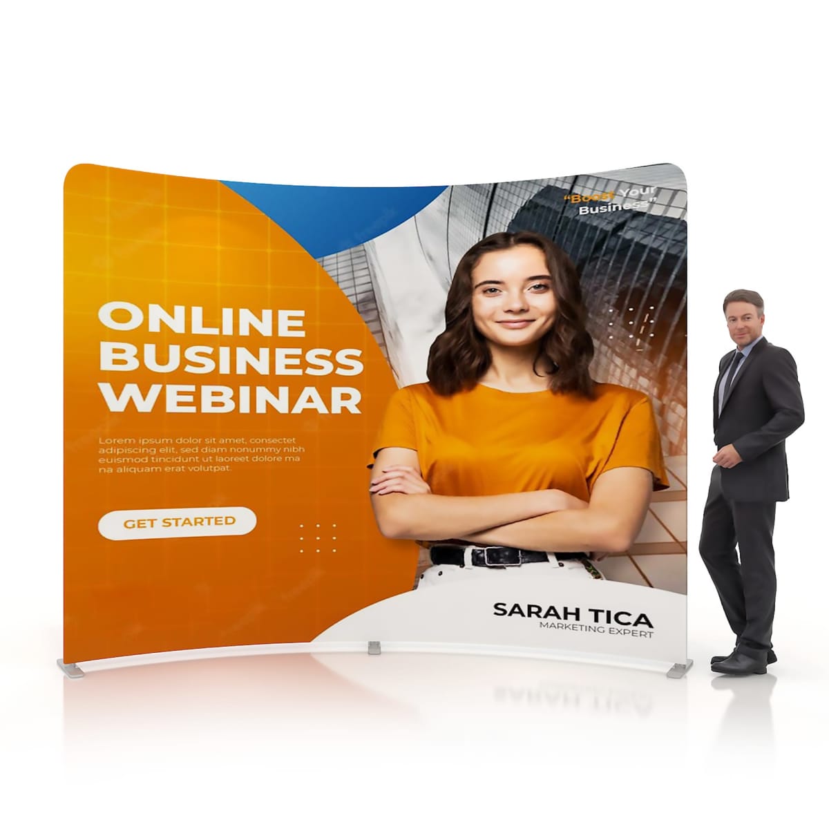 Banner for an online business webinar featuring a smiling woman in an orange shirt with arms crossed. Text includes Online Business Webinar and Get Started button. A man in a suit stands beside the banner.