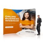 A man in a suit stands next to a large display featuring an advertisement for an online business webinar. The display shows a woman in an orange top, labeled as Sarah Tica, Marketing Expert, against a cityscape background.