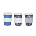Three reusable cups with white lids and sleeves are shown. The cup on the left is blue with colorful designs. The middle cup is dark blue with white environmental icons. The cup on the right is dark blue with white text and patterns.