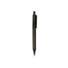 A black retractable ballpoint pen with a clip, positioned vertically against a white background.