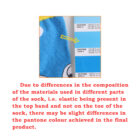 Close-up of a blue sock next to Pantone color cards ranging from 298 C to 3005 C. An arrow points from the sock to the cards. Text below explains potential color variations in the final product due to material differences.