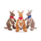 Three plush kangaroos with joeys in their pouches. Each kangaroo wears a differently colored bandana and features various logos on their chests. Their joeys have small bandanas matching the larger kangaroos.