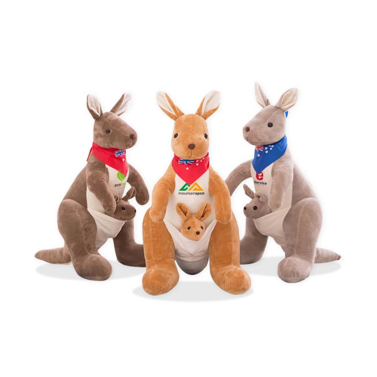 Three plush kangaroos with joeys in their pouches. Each kangaroo wears a differently colored bandana and features various logos on their chests. Their joeys have small bandanas matching the larger kangaroos.