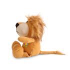 Side view of a plush lion toy with a shaggy mane, seated in a resting position. The toy has a patch with the word Kids and is set against a white background.