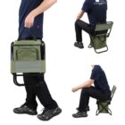 A person holding and sitting on a green folding camping stool with an attached bag. The images show the stool being carried by its handles and then used for seating. The person wears black pants, a blue shirt, and black shoes.