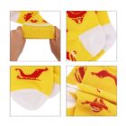 Yellow and white socks featuring red dinosaur and UFO patterns. Multiple close-ups show details of the designs and fabric texture. Hands are shown stretching one of the socks in the top left image.