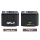 Two black adapters, one with screen print, the other with UV print logos.