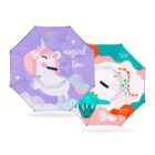 Two colorful umbrellas: one purple with a unicorn and magical time text, the other teal and orange with a dinosaur design. Both feature vibrant, playful illustrations and cheerful themes.