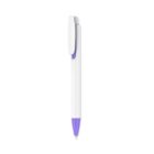 A white ballpoint pen with purple accents on the clip and tip is centered against a white background.