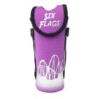 Purple Six Flags bottle holder with a roller coaster design in white. The holder has a black strap on each side and a flap with the Six Flags logo on top.
