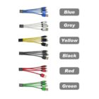 A set of USB cables in various colors, each with five forks. The cables are organized vertically in the following order: blue, grey, yellow, black, red, and green. Each group corresponds to a labeled text box with its color.