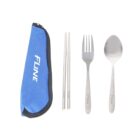 A blue zippered carrying pouch labeled FLINE is next to a set of stainless steel chopsticks, a fork, and a spoon. The utensils are neatly aligned, and each is also labeled FLINE.