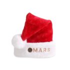 A plush Santa hat with a red top and white trim. The white band features the word MARS embroidered in gold, alongside a planet-like design. The hat includes a white pom-pom at the end.