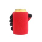 A can of Crystal Spring Peach Tea is held by a black gloved hand. The can is wrapped in a bright red koozie. The background is plain white.