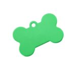 A green, bone-shaped pet tag with a small hole for attaching to a collar against a white background.