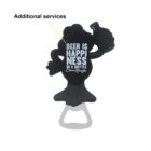 A bottle opener with a silhouette shape of a figure holding a bottle. The text reads BEER IS HAPPINESS IN A BOTTLE followed by Sanparks. An arrow points to the top labeled Additional services.