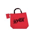 Red tote bag with black handles featuring the text uvex in bold black letters. A small matching pouch is attached to the bag with a clip.