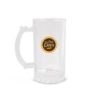Clear glass beer mug with Best Beer label on the front, photographed on a white background.