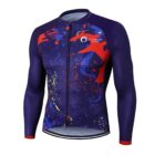 A long-sleeve cycling jersey with a front zipper. The design features a mix of blue, red, and yellow splatter patterns, with a small white circle and text that reads Company Name on the chest.