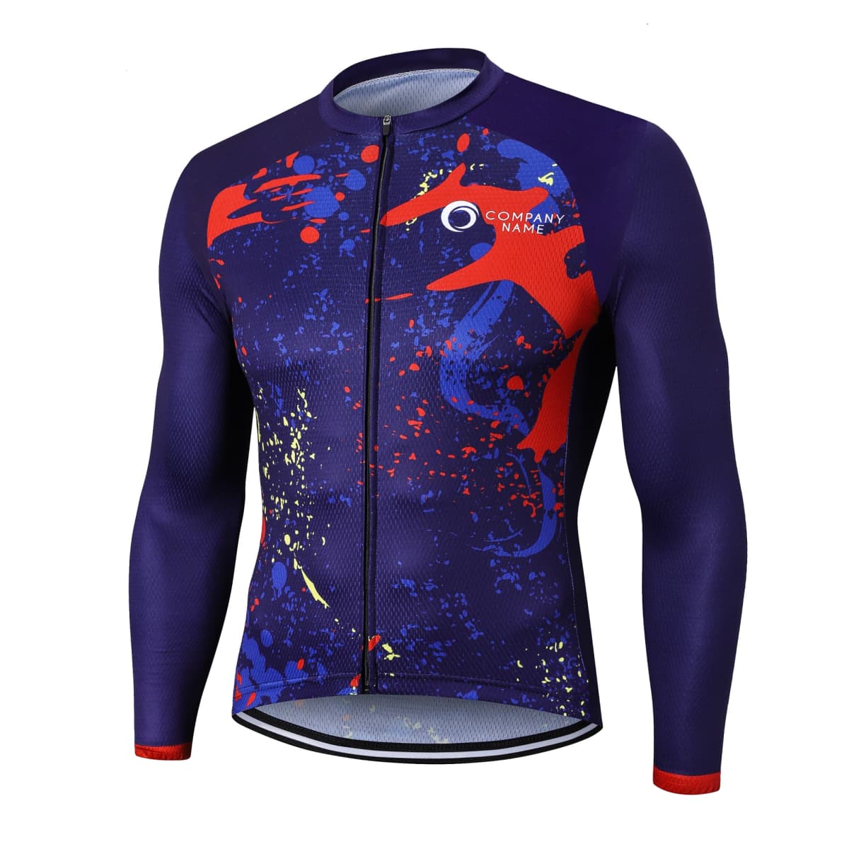 A long-sleeve cycling jersey with a front zipper. The design features a mix of blue, red, and yellow splatter patterns, with a small white circle and text that reads Company Name on the chest.