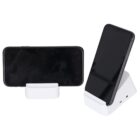 Two smartphones on white stands; one phone is positioned horizontally, and the other vertically. The stands have a minimal design and are adjustable for different viewing angles.