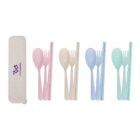 A set of reusable eco-friendly utensils in pastel colors: pink, beige, blue, and mint green. Each set includes a fork, spoon, and chopsticks. The sets are arranged beside a white carrying case with a purple logo on it.