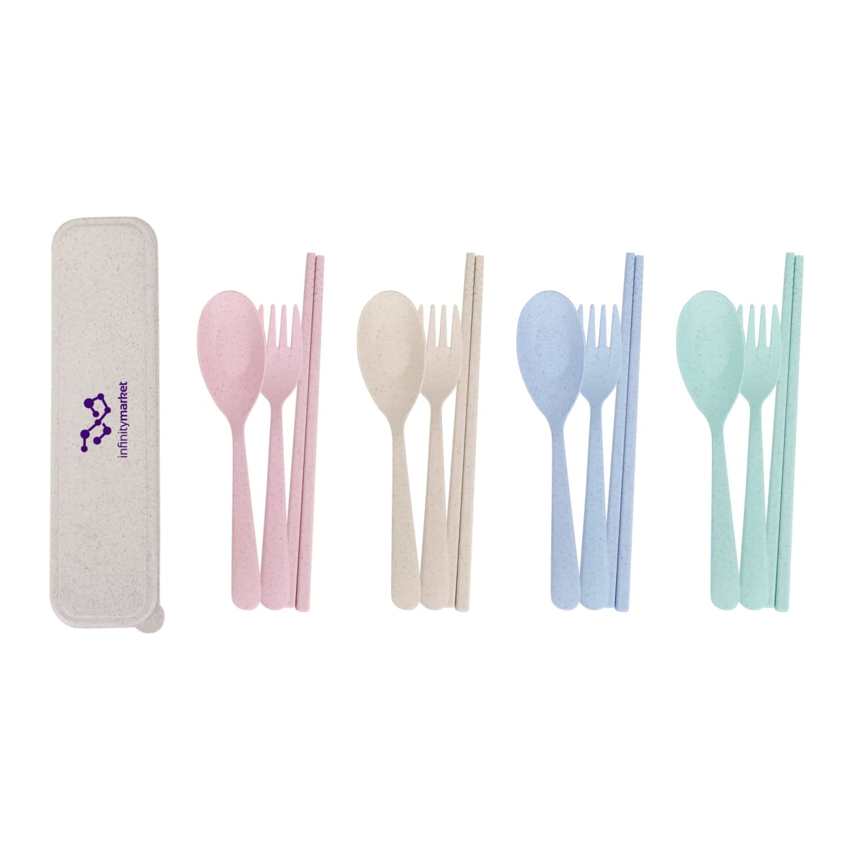 A set of reusable eco-friendly utensils in pastel colors: pink, beige, blue, and mint green. Each set includes a fork, spoon, and chopsticks. The sets are arranged beside a white carrying case with a purple logo on it.