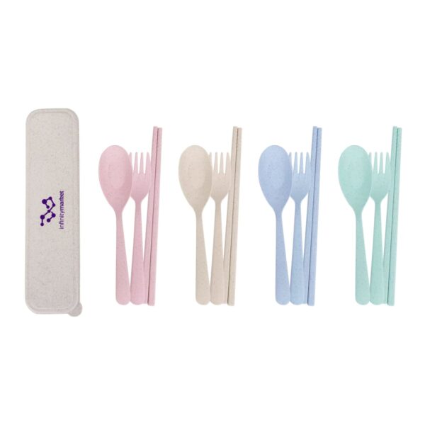 Four sets of reusable cutlery, each with a fork, spoon, and chopsticks, in pastel colors: pink, beige, blue, and green. The sets are displayed alongside a rectangular carrying case.