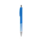 Blue and silver retractable ballpoint pen on a white background.