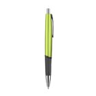 A green and black ballpoint pen with a sleek design and a metallic clip is shown on a white background.