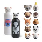 Two cartoon-themed water bottles with animal face lids, including a bear and a panda. Surrounding are eight additional animal face lids, featuring a koala, bird, dog, kangaroo, bear, cat, and different pandas.
