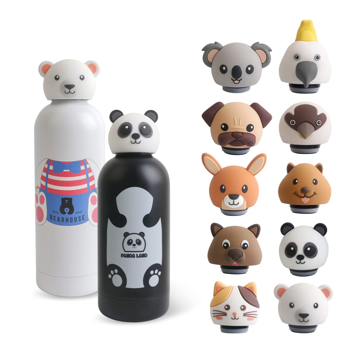 Two cartoon-themed water bottles with animal face lids, including a bear and a panda. Surrounding are eight additional animal face lids, featuring a koala, bird, dog, kangaroo, bear, cat, and different pandas.