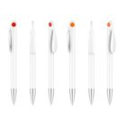 Six white pens with silver tips and colored dots on the top—three with red dots and three with orange dots—are displayed upright in a row against a white background.