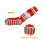Red, gray, and white striped sock with visible wear and a small turquoise patch. A close-up inset highlights the inner full terrylining texture. Inner and Full Terrylining are labeled in orange text.