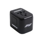 Black universal travel adapter with multiple socket types and brand logos.