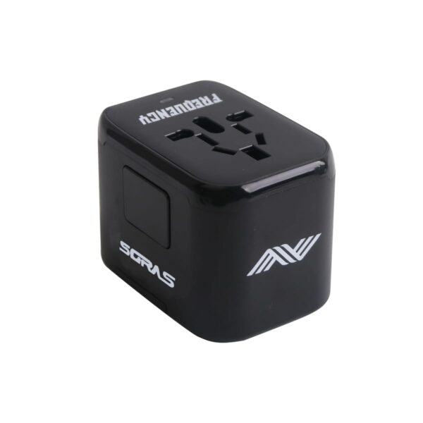 Black universal travel adapter with multiple socket types and brand logos.