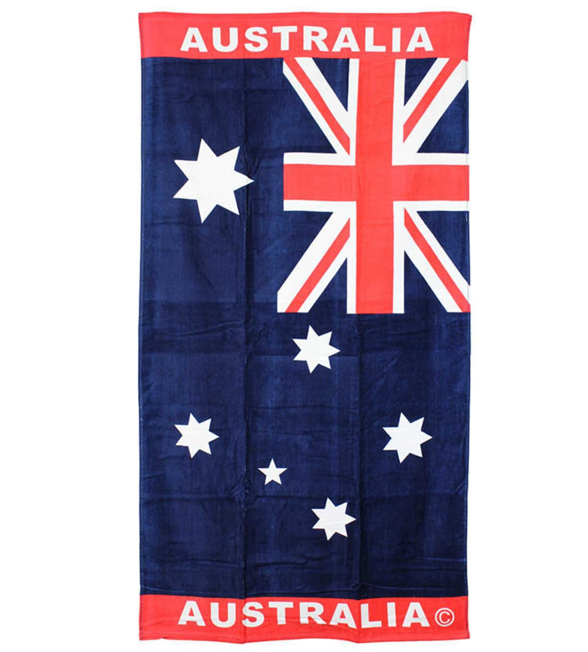 Beach towel featuring the Australian flag design, with dark blue background, Union Jack in the top left corner, and the Southern Cross constellation. The word Australia is printed at the top and bottom in red and white.