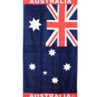A beach towel with the design of the Australian flag, featuring the Union Jack and stars on a dark blue background. The word Australia is written in red at the top and bottom.