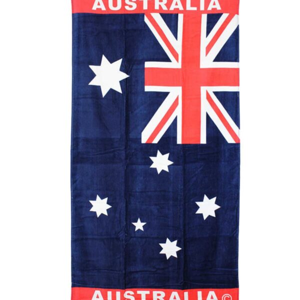 A beach towel with the design of the Australian flag, featuring the Union Jack and stars on a dark blue background. The word Australia is written in red at the top and bottom.