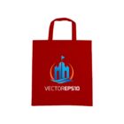 A red tote bag featuring a logo with two blue stylized buildings, a red flag, and waves. Below the logo, white and red text reads VECTOR EPS10.
